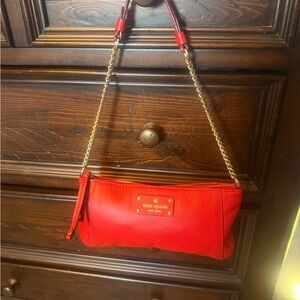 Kate Spade Red Leather Clutch with Gold Chain